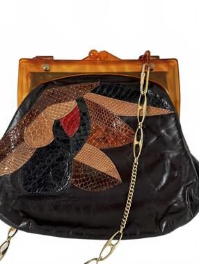 Vintage Leather Handbag with Floral Patchwork Celluloid Frame Made in France
